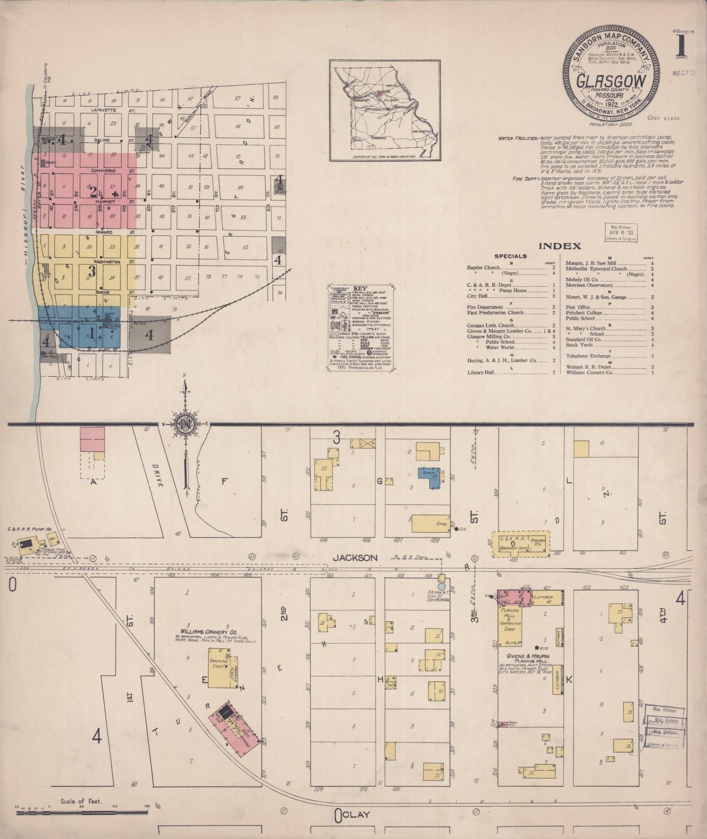 Sanborn Fire Insurance Map from Glasgow, Howard County, Missouri (1922), Sheet #0001 - Complete Map Set gallery image, historic Sanborn map, vintage wall art, Missouri Missouri