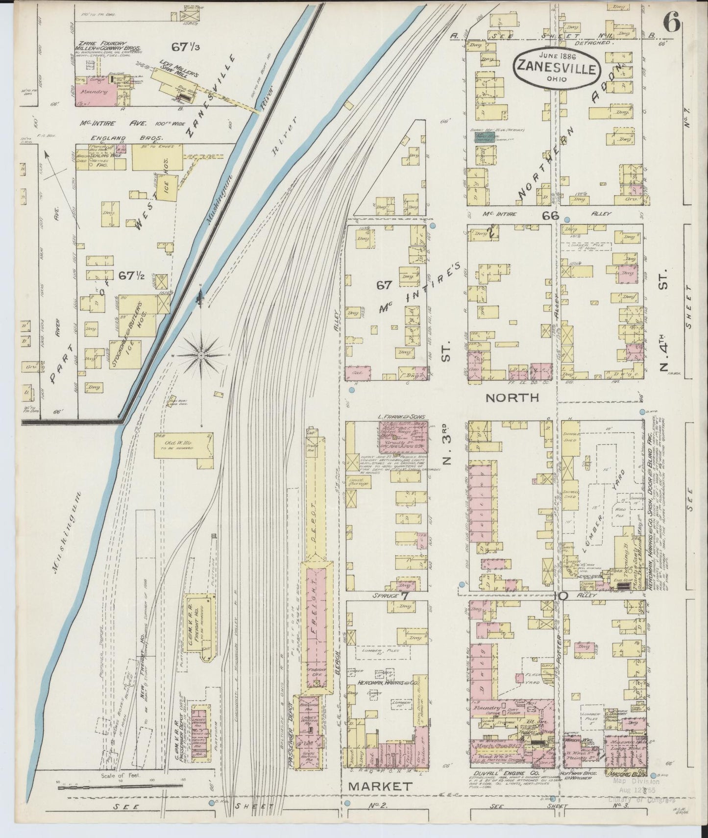 Sanborn Fire Insurance Map from Zanesville, Muskingum County, Ohio (1886), Sheet #0006 - Complete Map Set gallery image, historic Sanborn map, vintage wall art, Ohio Ohio