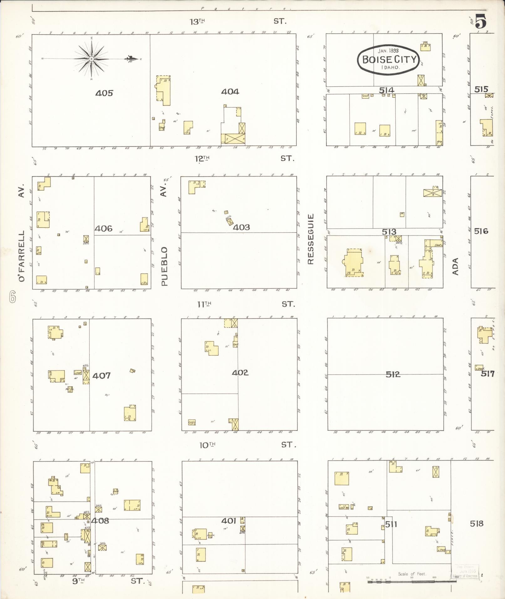 Sanborn Fire Insurance Map from Boise, Ada County, Idaho (1893), Sheet #0005 - Historic Sanborn Fire Insurance Map Print, vintage old map wall art, antique decor, genealogy gift, Idaho Idaho map