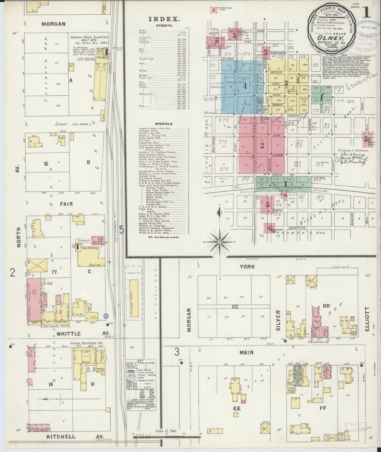 Sanborn Fire Insurance Map from Olney, Richland County, Illinois (1897), Sheet #0001 - Complete Map Set gallery image, historic Sanborn map, vintage wall art, Illinois Illinois