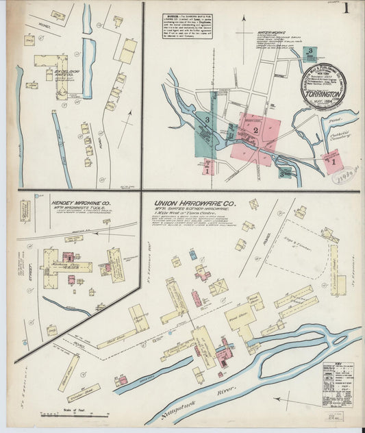 Sanborn Fire Insurance Map from Torrington, Litchfield County, Connecticut (1884), Sheet #0001 - Historic Sanborn Fire Insurance Map Print, vintage old map wall art, antique decor, genealogy gift, Connecticut Connecticut map
