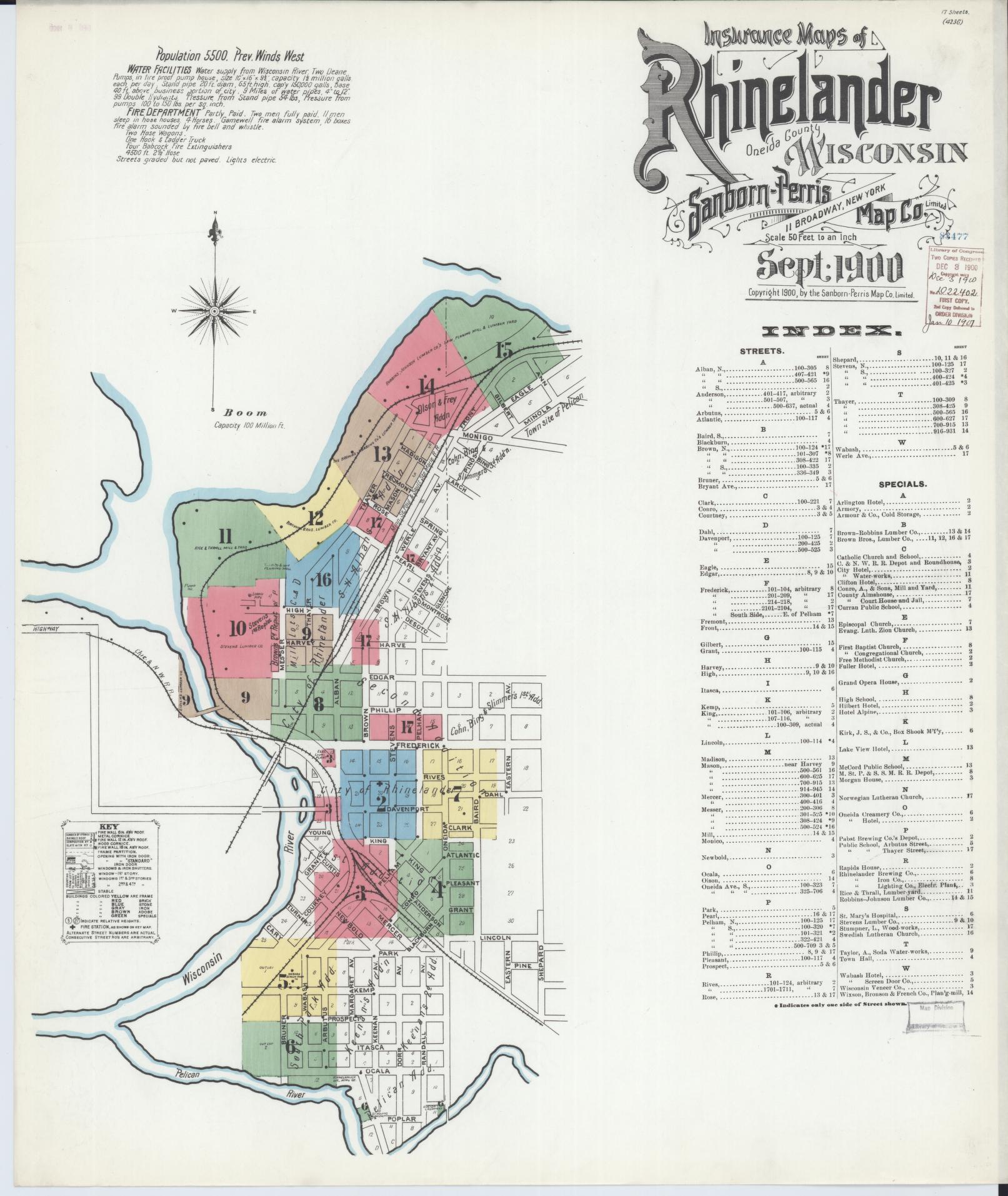 Sanborn Fire Insurance Map from Rhinelander, Oneida County, Wisconsin (1900), Sheet #0001 - Complete Map Set gallery image, historic Sanborn map, vintage wall art, Wisconsin Wisconsin