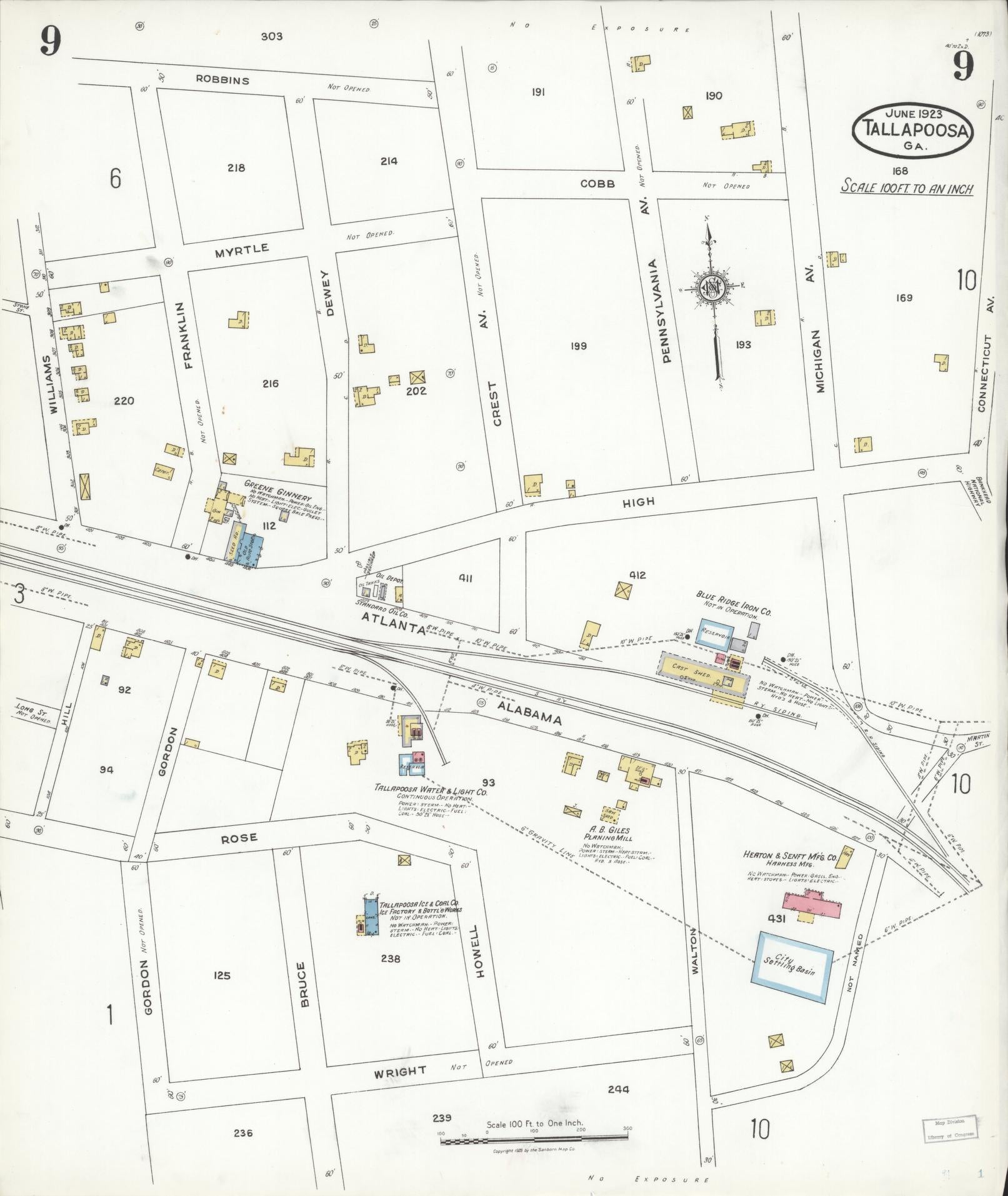 Sanborn Fire Insurance Map from Tallapoosa, Haralson County, Georgia (1923), Sheet #0009 - Complete Map Set gallery image, historic Sanborn map, vintage wall art, Georgia Georgia