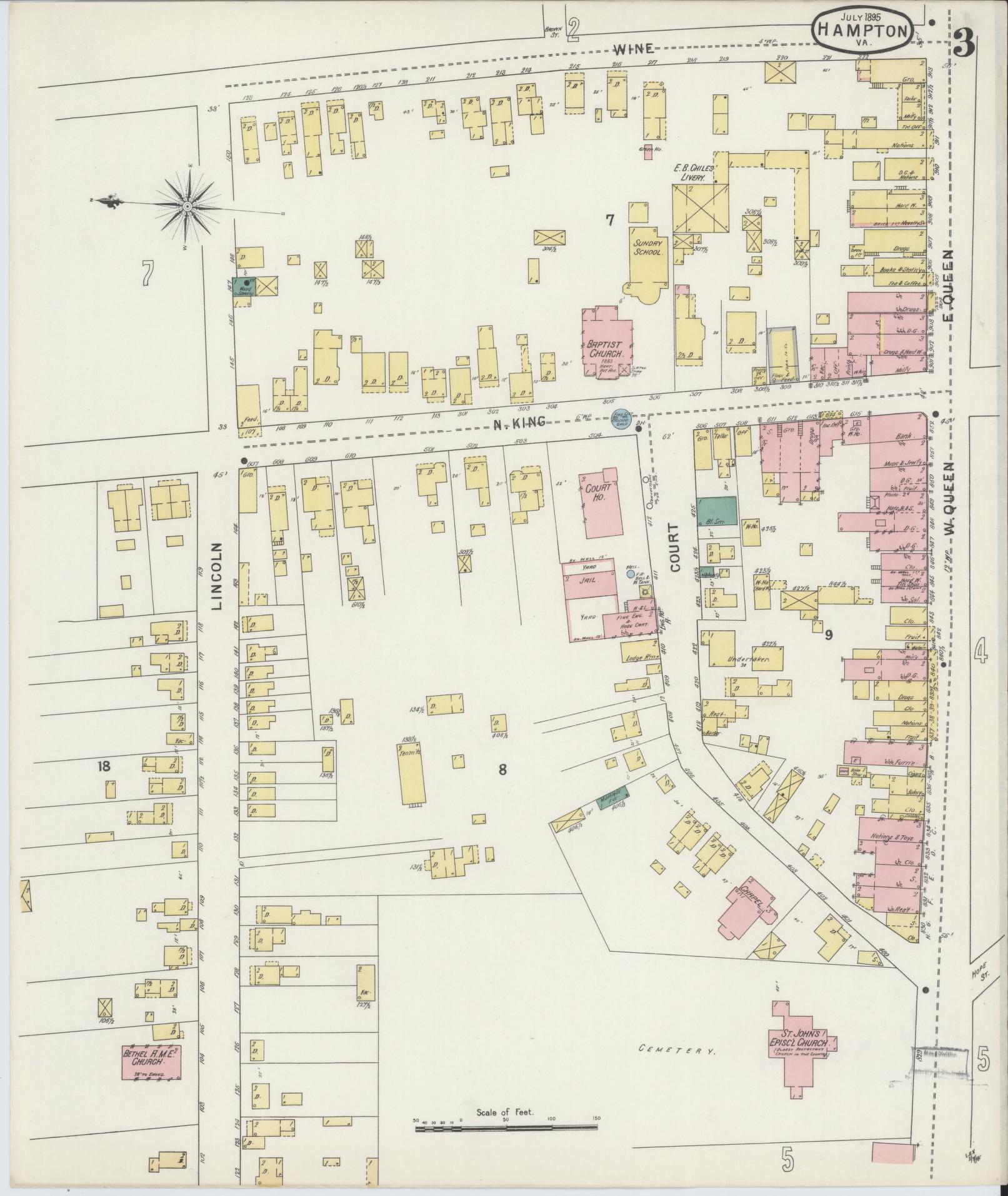 Sanborn Fire Insurance Map from Hampton, Independent Cities, Virginia (1895), Sheet #0003 - Complete Map Set gallery image, historic Sanborn map, vintage wall art, Virginia Virginia