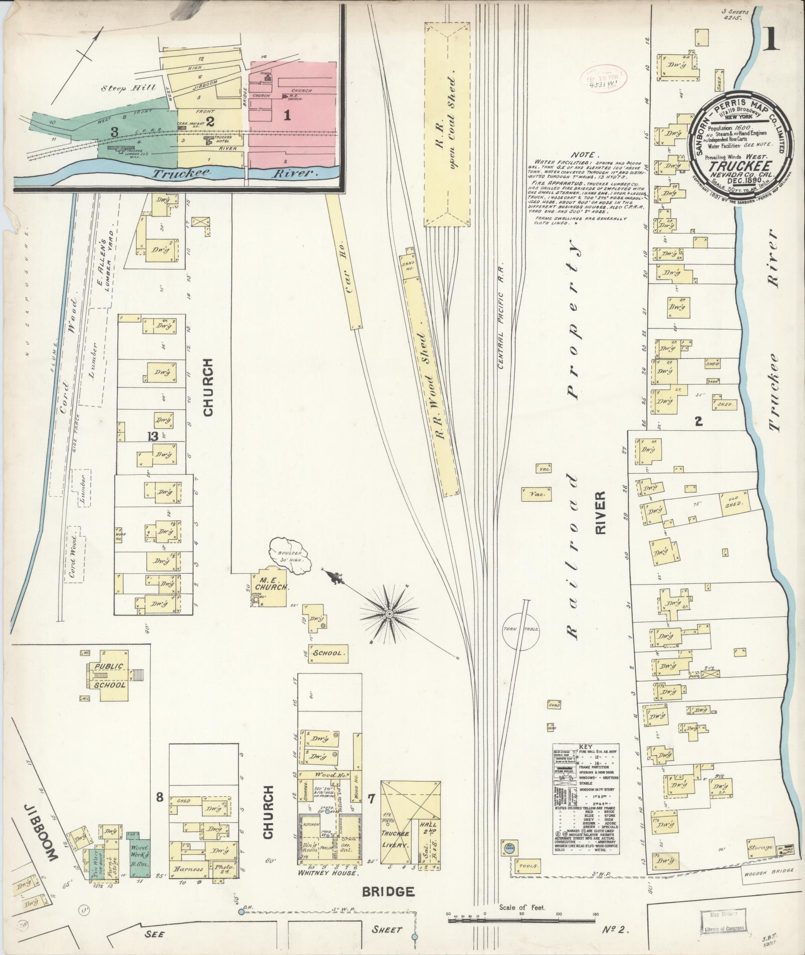 Sanborn Fire Insurance Map from Truckee, Nevada County, California (1890), Sheet #0001 - Historic Sanborn Fire Insurance Map Print, vintage old map wall art, antique decor, genealogy gift, Truckee Nevada map
