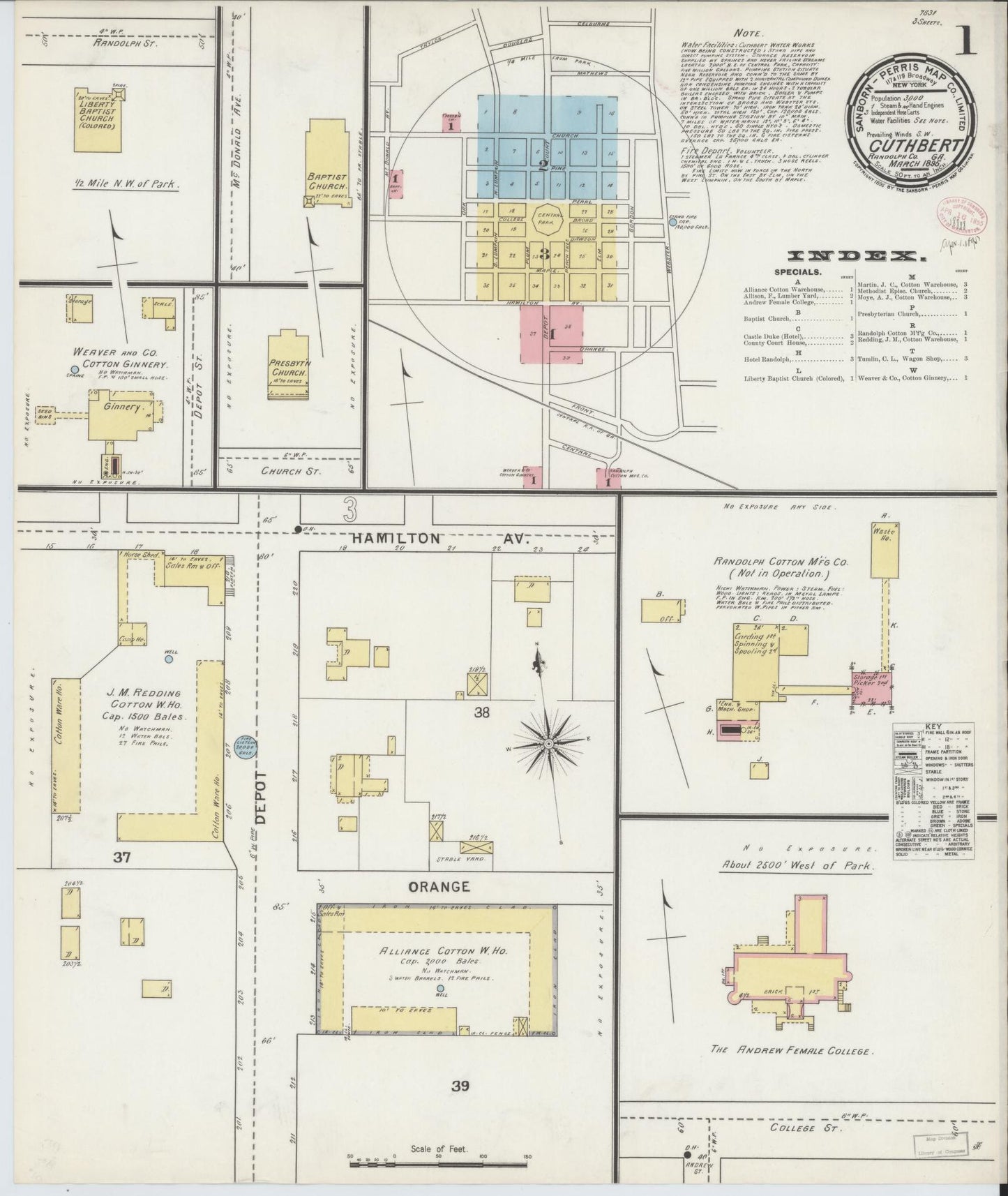 Sanborn Fire Insurance Map from Cuthbert, Randolph County, Georgia (1895), Sheet #0001 - Historic Sanborn Fire Insurance Map Print, vintage old map wall art, antique decor, genealogy gift, Georgia Georgia map