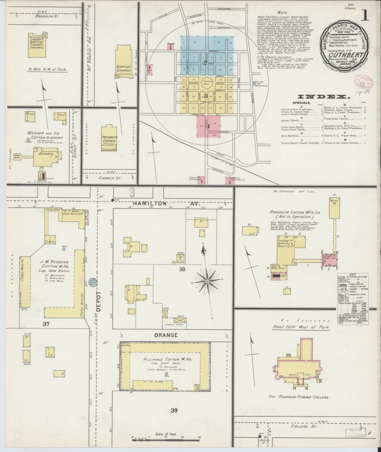 Sanborn Fire Insurance Map from Cuthbert, Randolph County, Georgia (1895), Sheet #0001 - Historic Sanborn Fire Insurance Map Print, vintage old map wall art, antique decor, genealogy gift, Georgia Georgia map