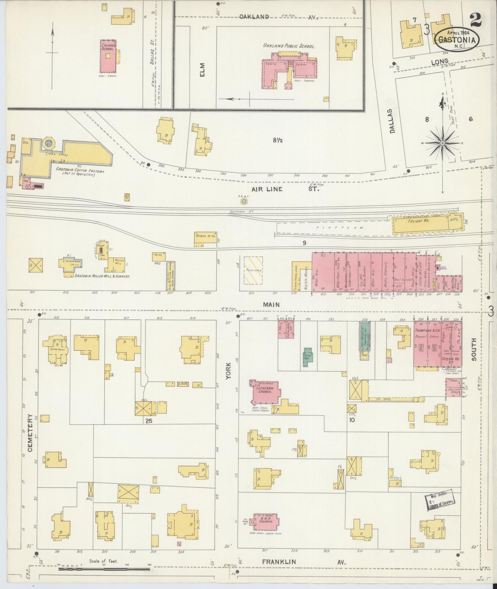 Sanborn Fire Insurance Map from Gastonia, Gaston County, North Carolina (1904), Sheet #0002 - Complete Map Set gallery image, historic Sanborn map, vintage wall art, North Carolina North Carolina