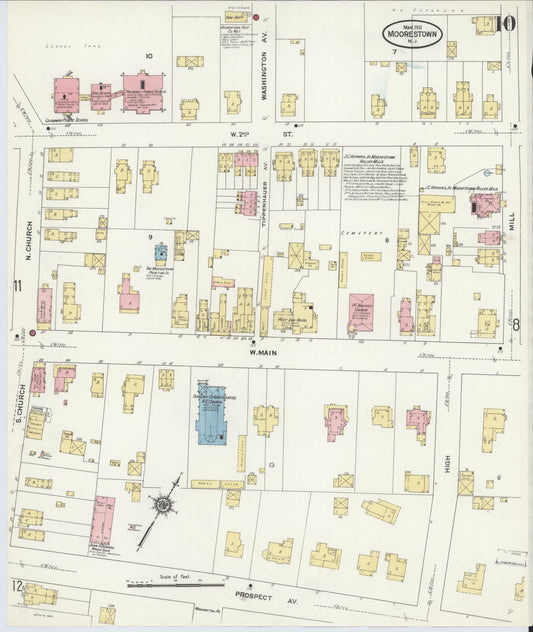 Sanborn Fire Insurance Map from Moorestown, Burlington County, New Jersey (1911), Sheet #0010 - Historic Sanborn Fire Insurance Map Print, vintage old map wall art, antique decor, genealogy gift, New Jersey New Jersey map