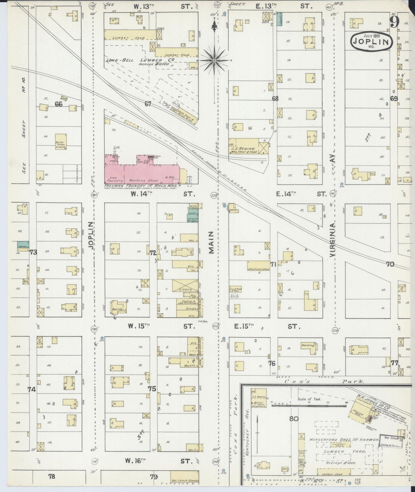 Sanborn Fire Insurance Map from Joplin, Jasper County, Missouri (1891), Sheet #0009 - Complete Map Set gallery image, historic Sanborn map, vintage wall art, Missouri Missouri
