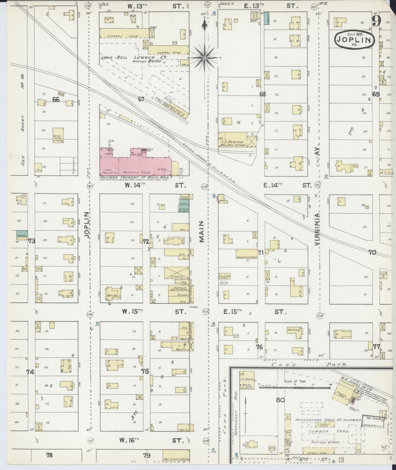 Sanborn Fire Insurance Map from Joplin, Jasper County, Missouri (1891), Sheet #0009 - Complete Map Set gallery image, historic Sanborn map, vintage wall art, Missouri Missouri