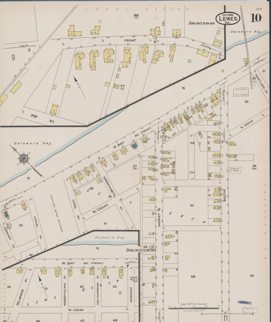 Sanborn Fire Insurance Map from Lewes, Sussex County, Delaware (1922), Sheet #0010 - Historic Sanborn Fire Insurance Map Print, vintage old map wall art, antique decor, genealogy gift, Delaware Delaware map