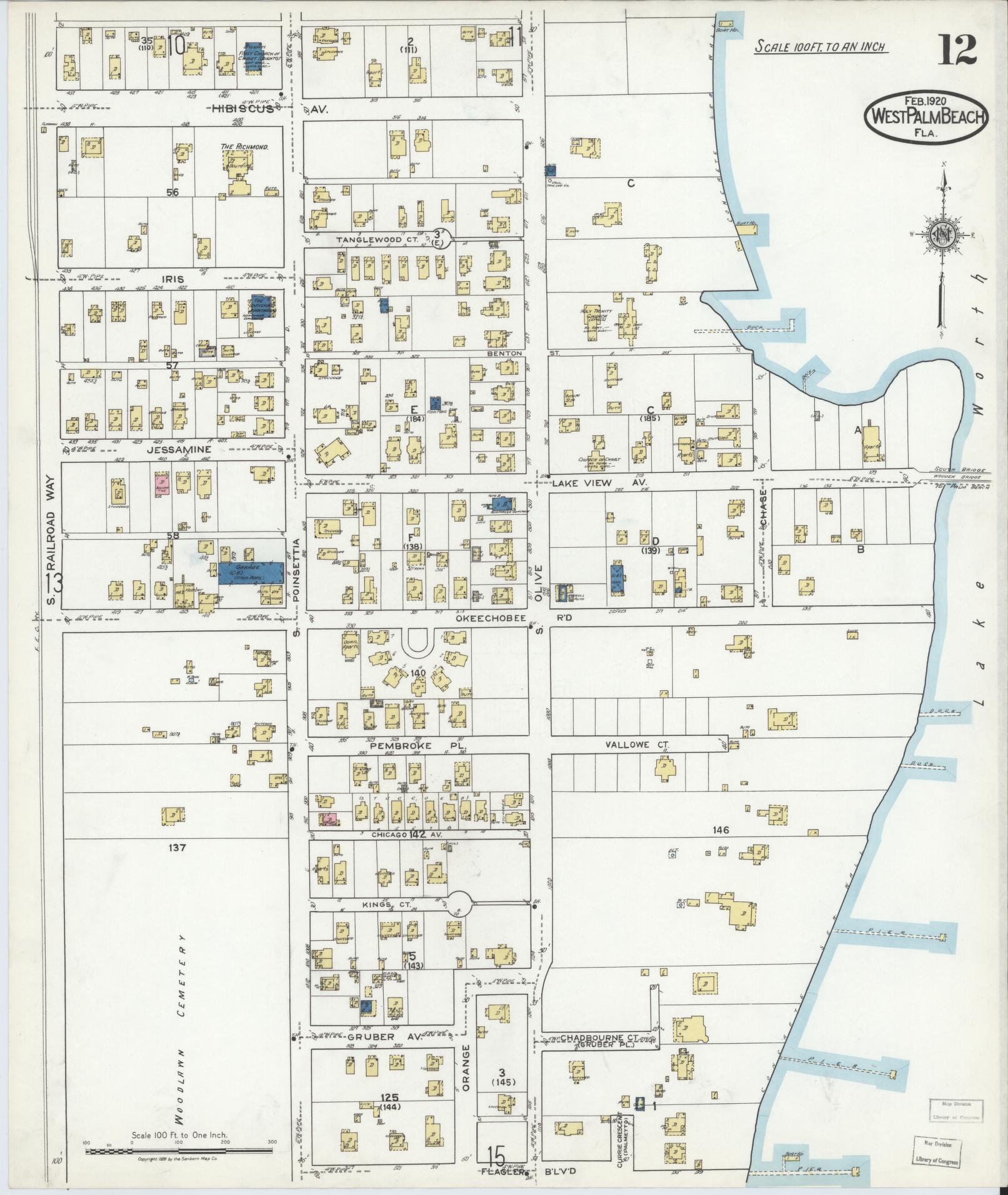 Sanborn Fire Insurance Map from West Palm Beach, Dade County, Florida (1920), Sheet #0012 - Historic Sanborn Fire Insurance Map Print, vintage old map wall art, antique decor, genealogy gift, Florida Florida map