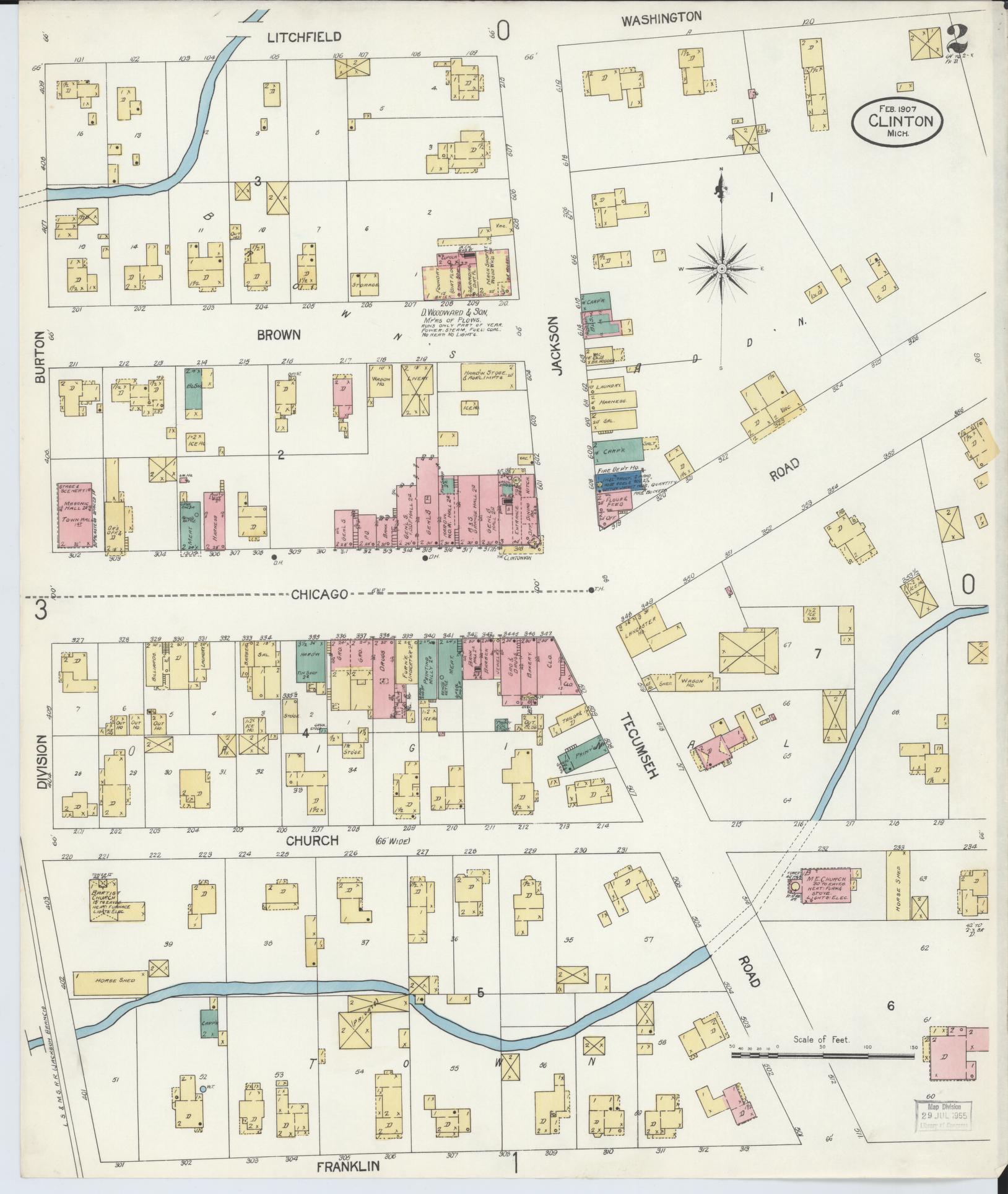 Sanborn Fire Insurance Map from Clinton, Lenawee County, Michigan (1907), Sheet #0002 - Complete Map Set gallery image, historic Sanborn map, vintage wall art, Michigan Michigan