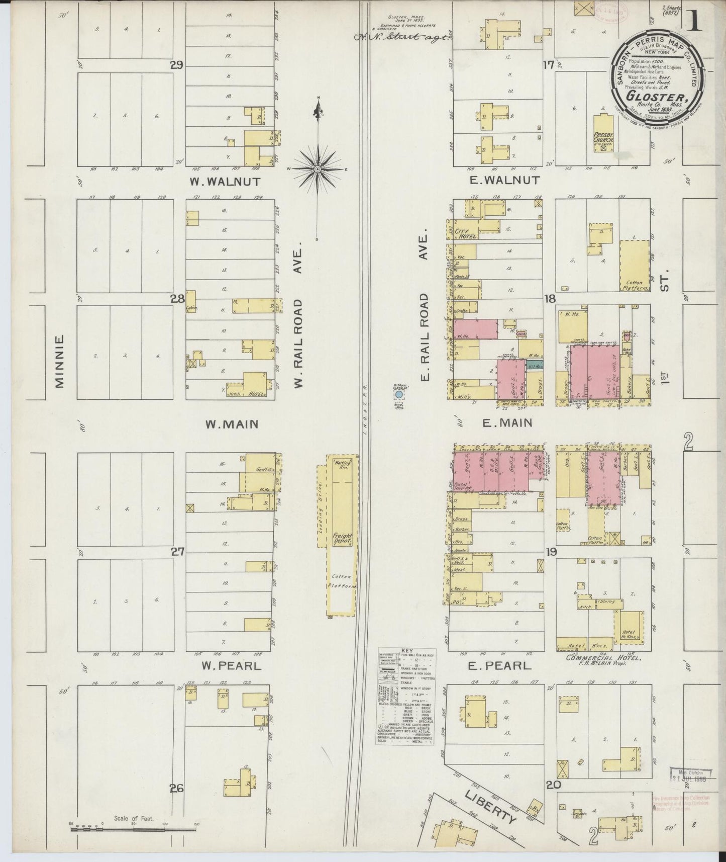 Sanborn Fire Insurance Map from Gloster, Amite County, Mississippi (1893), Sheet #0001 - Complete Map Set gallery image, historic Sanborn map, vintage wall art, Mississippi Mississippi