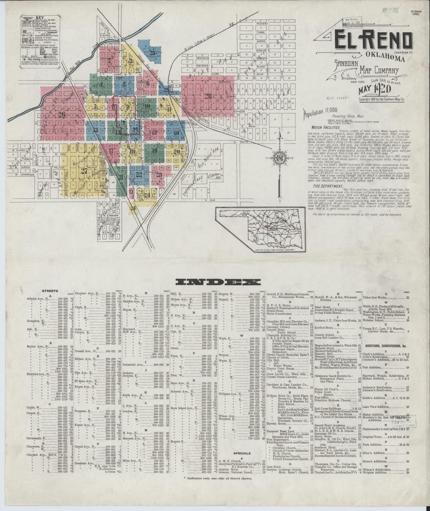 Sanborn Fire Insurance Map from El Reno, Canadian County, Oklahoma (1920), Sheet #0001 - Complete Map Set gallery image, historic Sanborn map, vintage wall art, Oklahoma Oklahoma