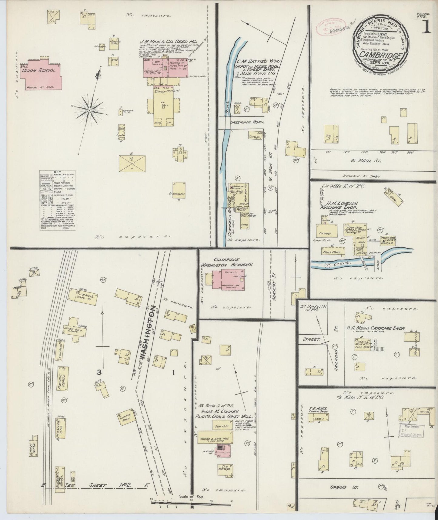 Sanborn Fire Insurance Map from Cambridge, Washington County, New York (1891), Sheet #0001 - Complete Map Set gallery image, historic Sanborn map, vintage wall art, New York New York