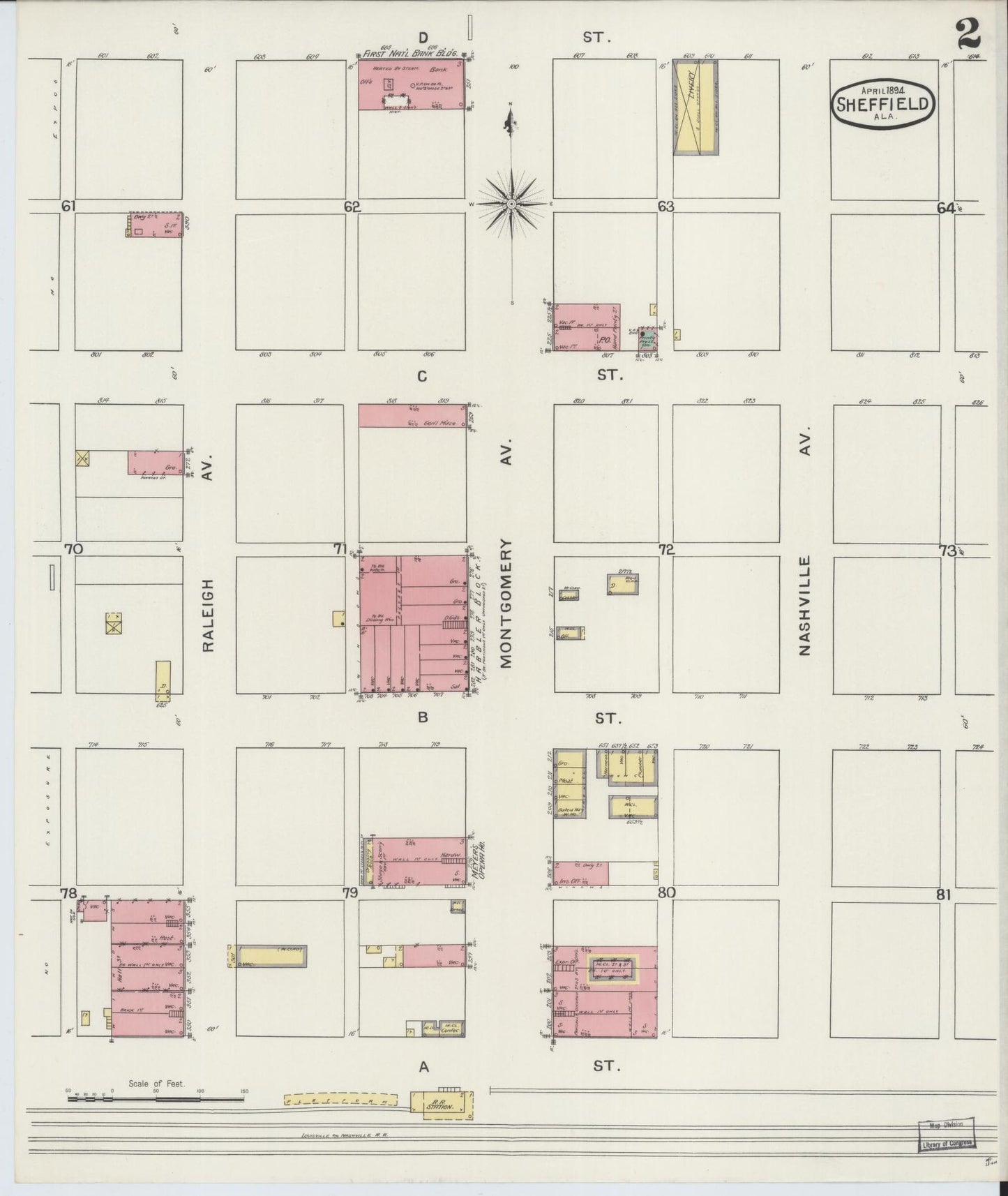 Sanborn Fire Insurance Map from Sheffield, Colbert County, Alabama (1894), Sheet #0002 - Historic Sanborn Fire Insurance Map Print, vintage old map wall art, antique decor, genealogy gift, Alabama Alabama map
