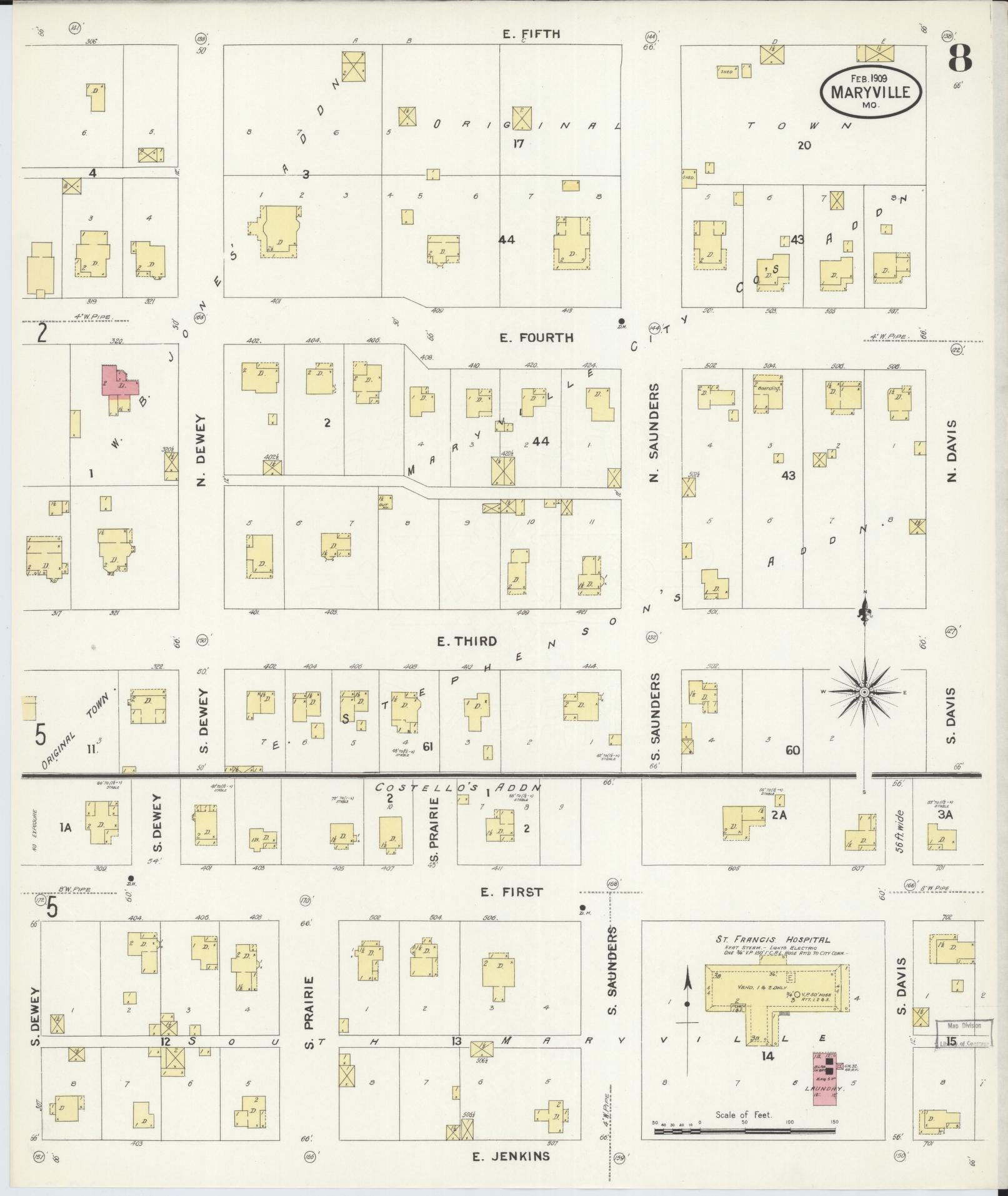Sanborn Fire Insurance Map from Maryville, Nodaway County, Missouri (1909), Sheet #0008 - Historic Sanborn Fire Insurance Map Print, vintage old map wall art, antique decor, genealogy gift, Missouri Missouri map