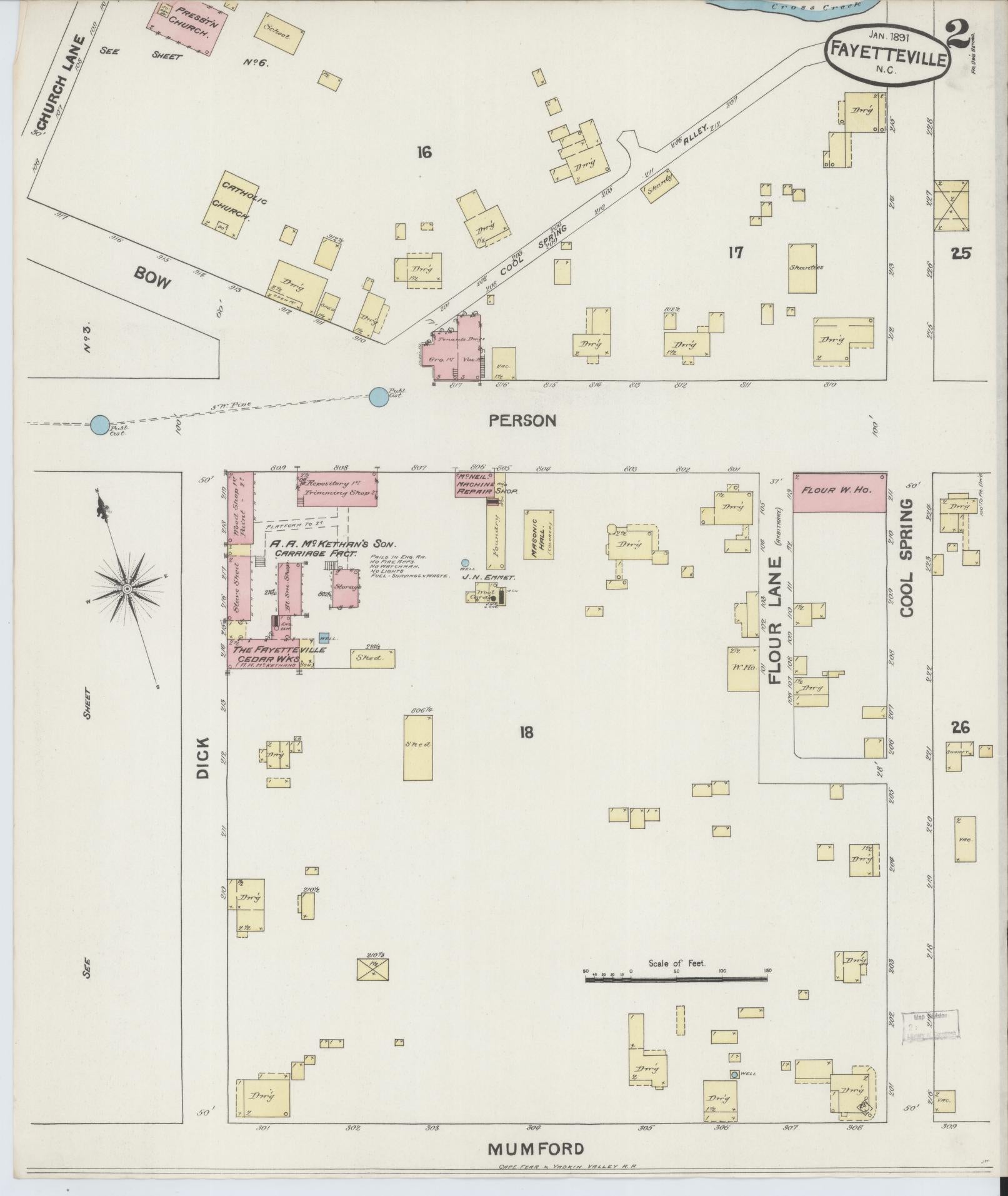 Sanborn Fire Insurance Map from Fayetteville, Cumberland County, North Carolina (1891), Sheet #0002 - Historic Sanborn Fire Insurance Map Print, vintage old map wall art, antique decor, genealogy gift, North Carolina North Carolina map