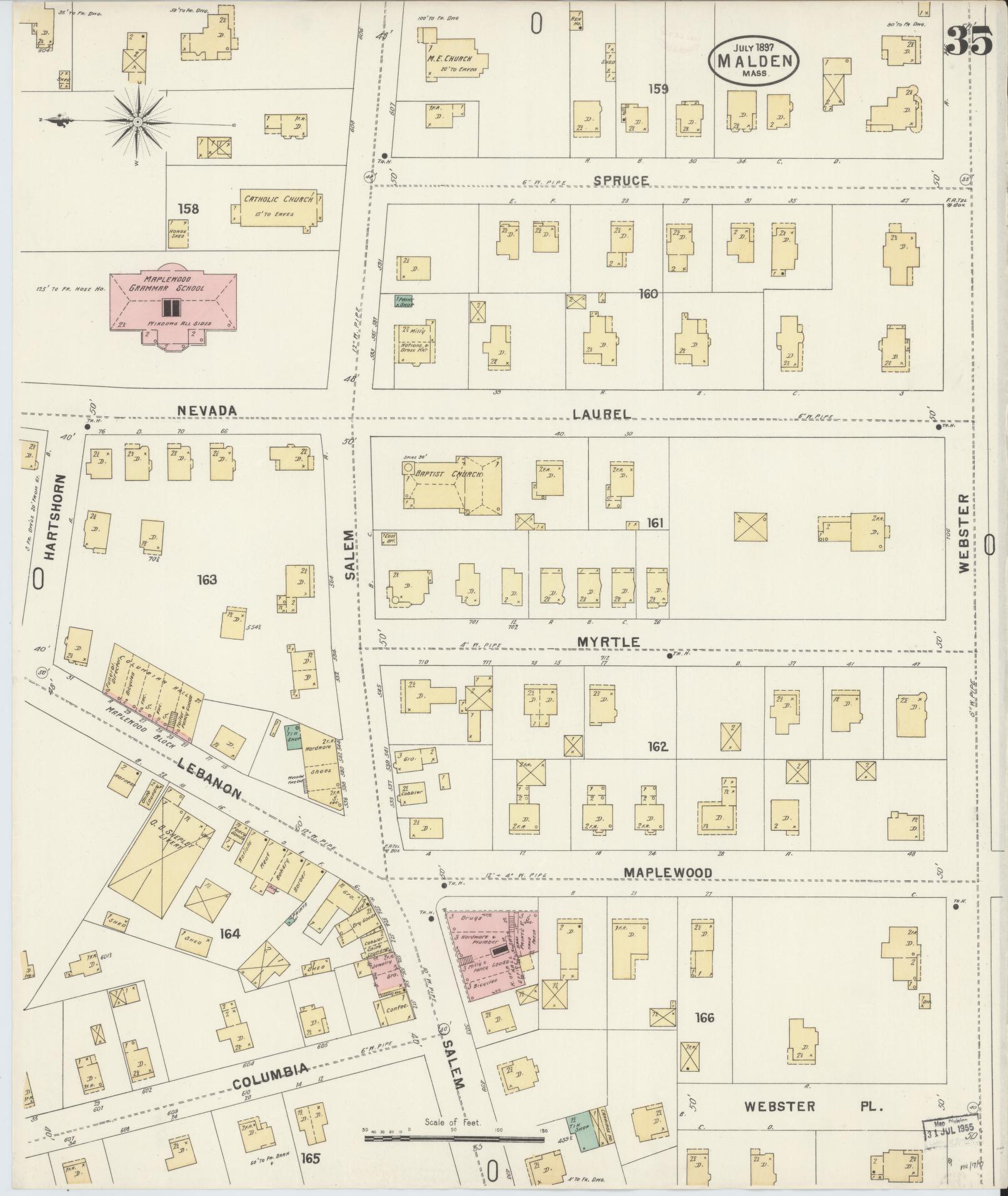 Sanborn Fire Insurance Map from Malden, Middlesex County, Massachusetts (1897), Sheet #0035 - Historic Sanborn Fire Insurance Map Print, vintage old map wall art, antique decor, genealogy gift, Massachusetts Massachusetts map