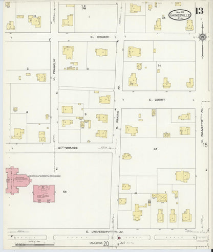 Sanborn Fire Insurance Map from Gainesville, Alachua County, Florida (1913), Sheet #0013 - Historic Sanborn Fire Insurance Map Print, vintage old map wall art, antique decor, genealogy gift, Florida Florida map