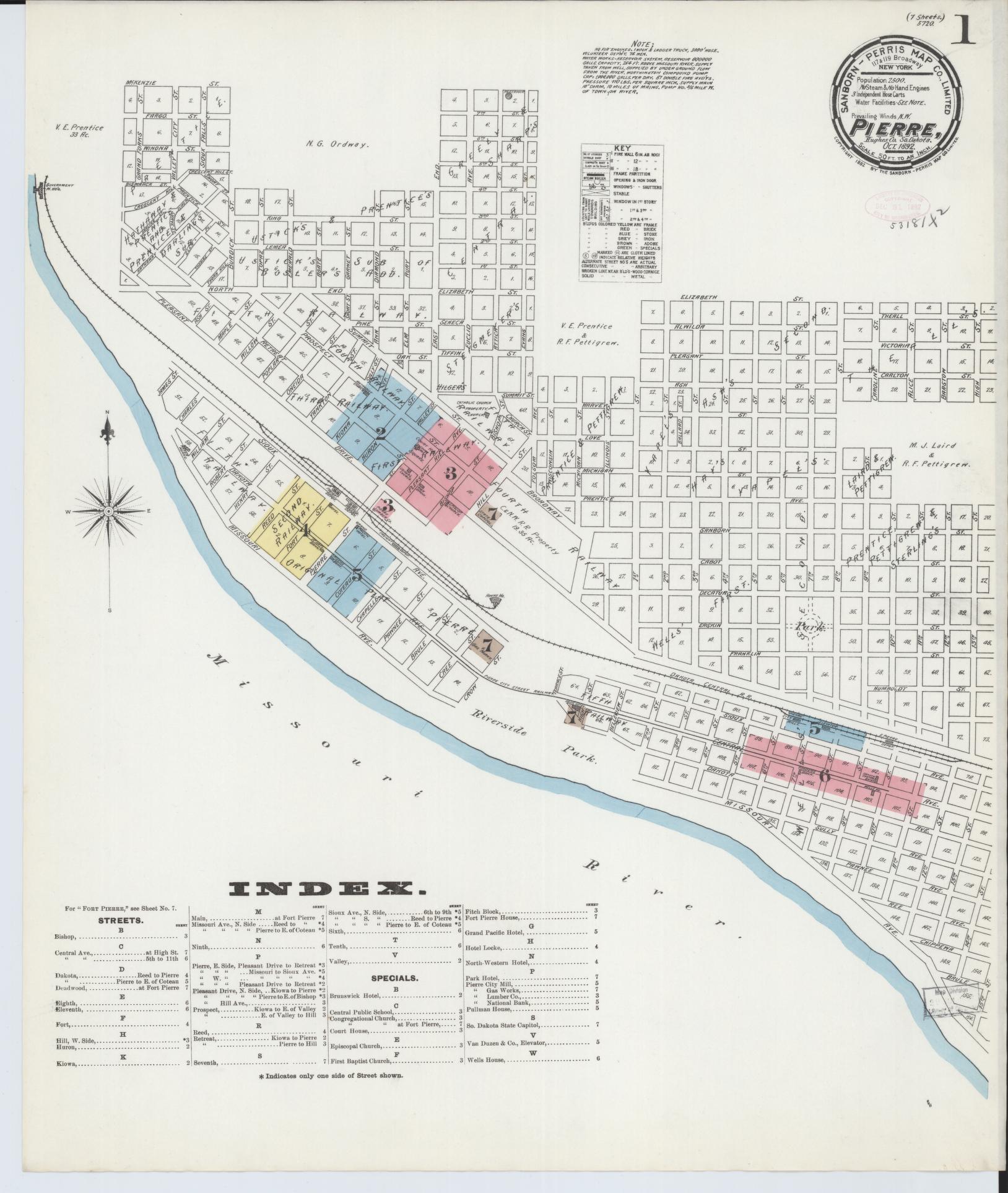 Sanborn Fire Insurance Map from Pierre, Hughes County, South Dakota (1892), Sheet #0001 - Complete Map Set gallery image, historic Sanborn map, vintage wall art, South Dakota South Dakota