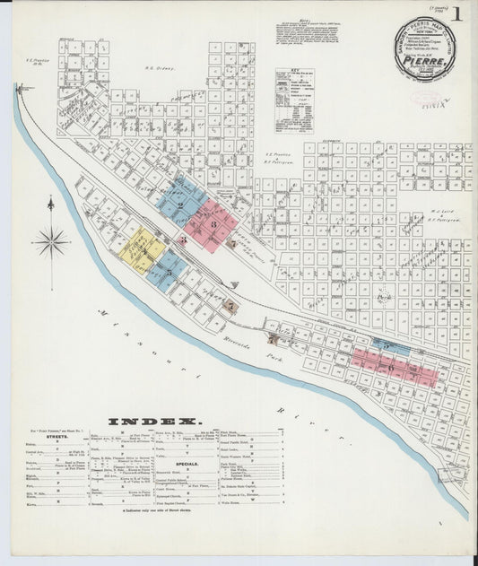 Sanborn Fire Insurance Map from Pierre, Hughes County, South Dakota (1892), Sheet #0001 - Complete Map Set gallery image, historic Sanborn map, vintage wall art, South Dakota South Dakota