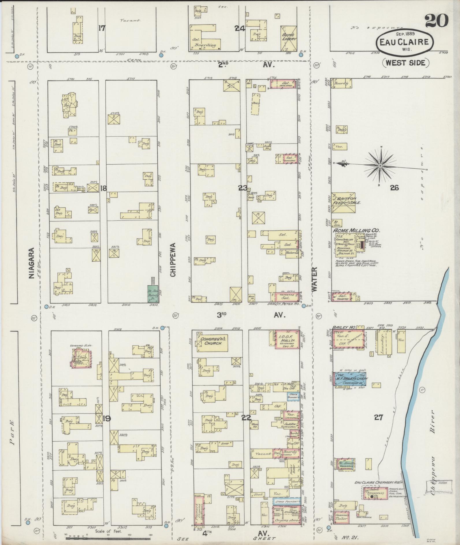 Sanborn Fire Insurance Map from Eau Claire, Eau Claire County, Wisconsin (1889), Sheet #0020 - Historic Sanborn Fire Insurance Map Print, vintage old map wall art, antique decor, genealogy gift, Wisconsin Wisconsin map