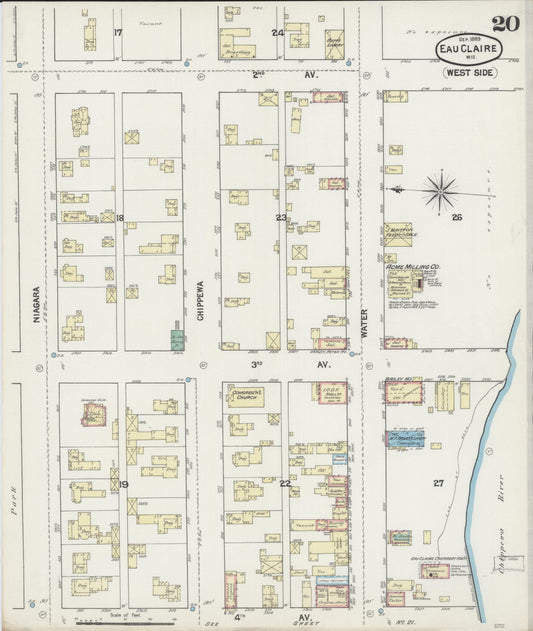 Sanborn Fire Insurance Map from Eau Claire, Eau Claire County, Wisconsin (1889), Sheet #0020 - Historic Sanborn Fire Insurance Map Print, vintage old map wall art, antique decor, genealogy gift, Wisconsin Wisconsin map