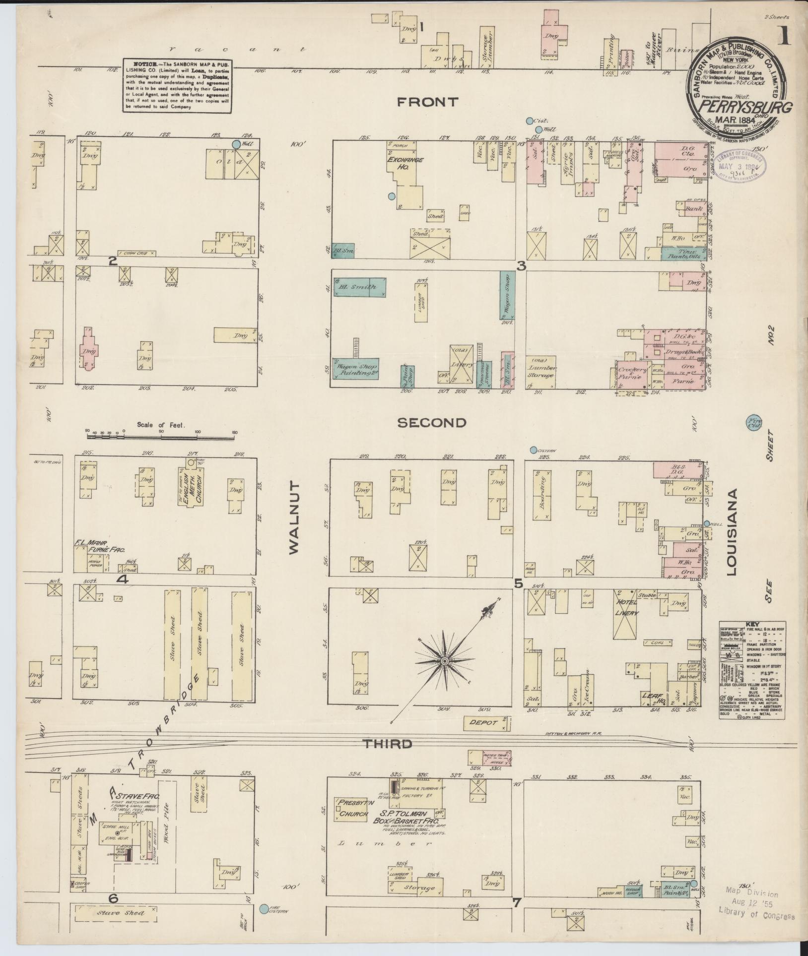 Sanborn Fire Insurance Map from Perrysburg, Wood County, Ohio (1884), Sheet #0001 - Historic Sanborn Fire Insurance Map Print, vintage old map wall art, antique decor, genealogy gift, Ohio Ohio map
