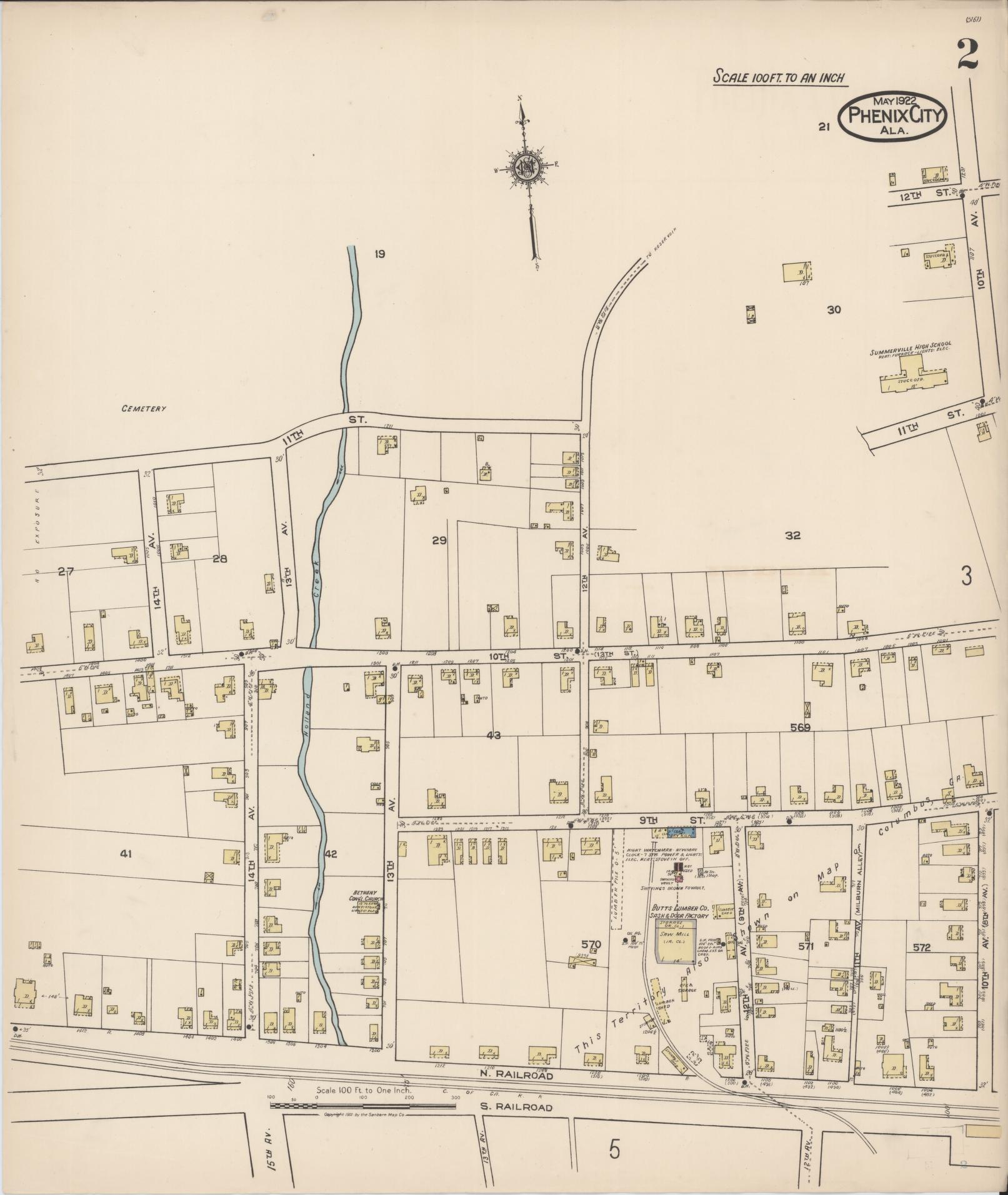 Sanborn Fire Insurance Map from Phenix City, Lee And Russell Counties, Alabama (1922), Sheet #0002 - Complete Map Set gallery image, historic Sanborn map, vintage wall art, Alabama Alabama