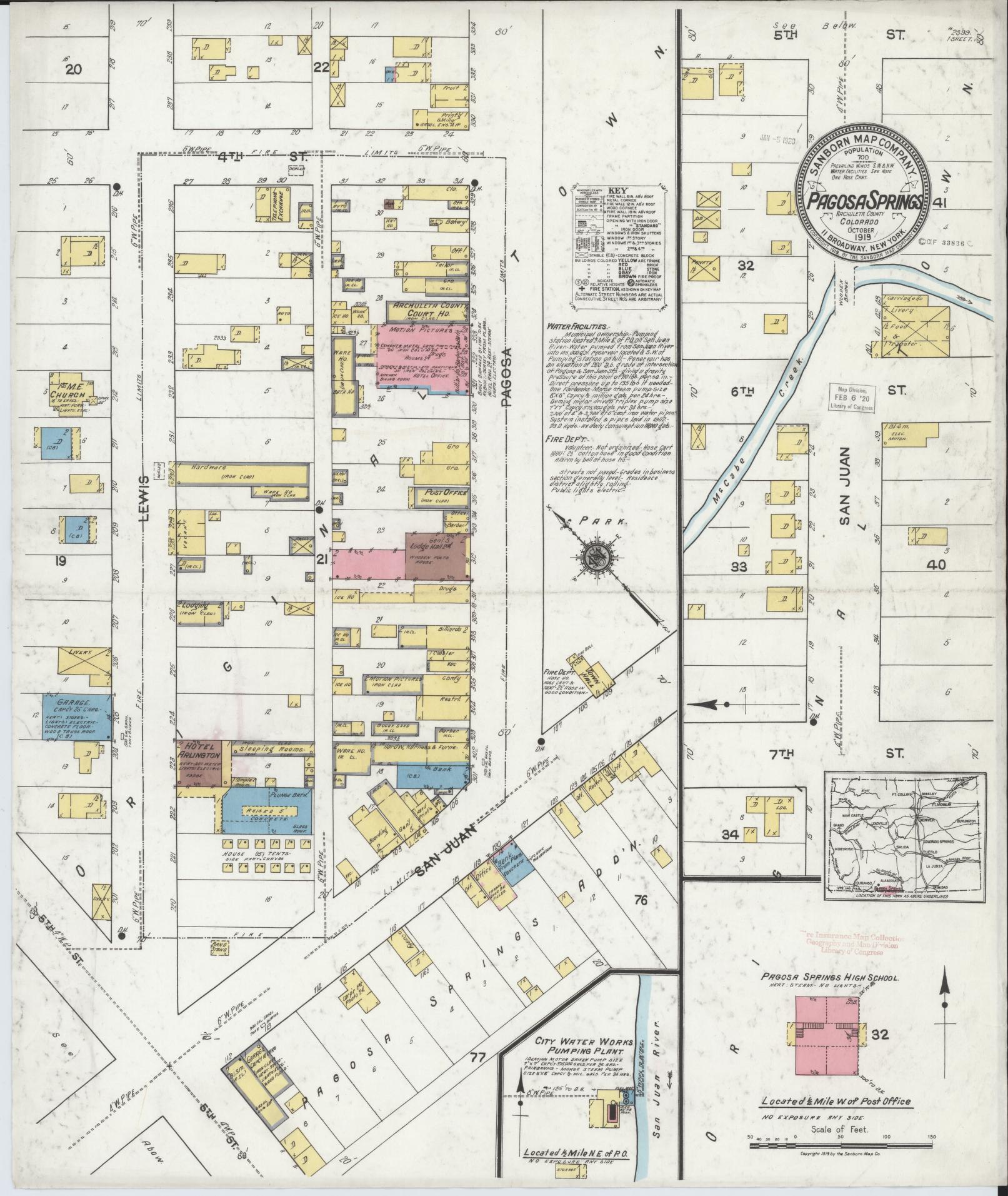 Sanborn Fire Insurance Map from Pagosa Springs, Archuleta County, Colorado (1919), Sheet #0001 - Historic Sanborn Fire Insurance Map Print, vintage old map wall art, antique decor, genealogy gift, Colorado Colorado map