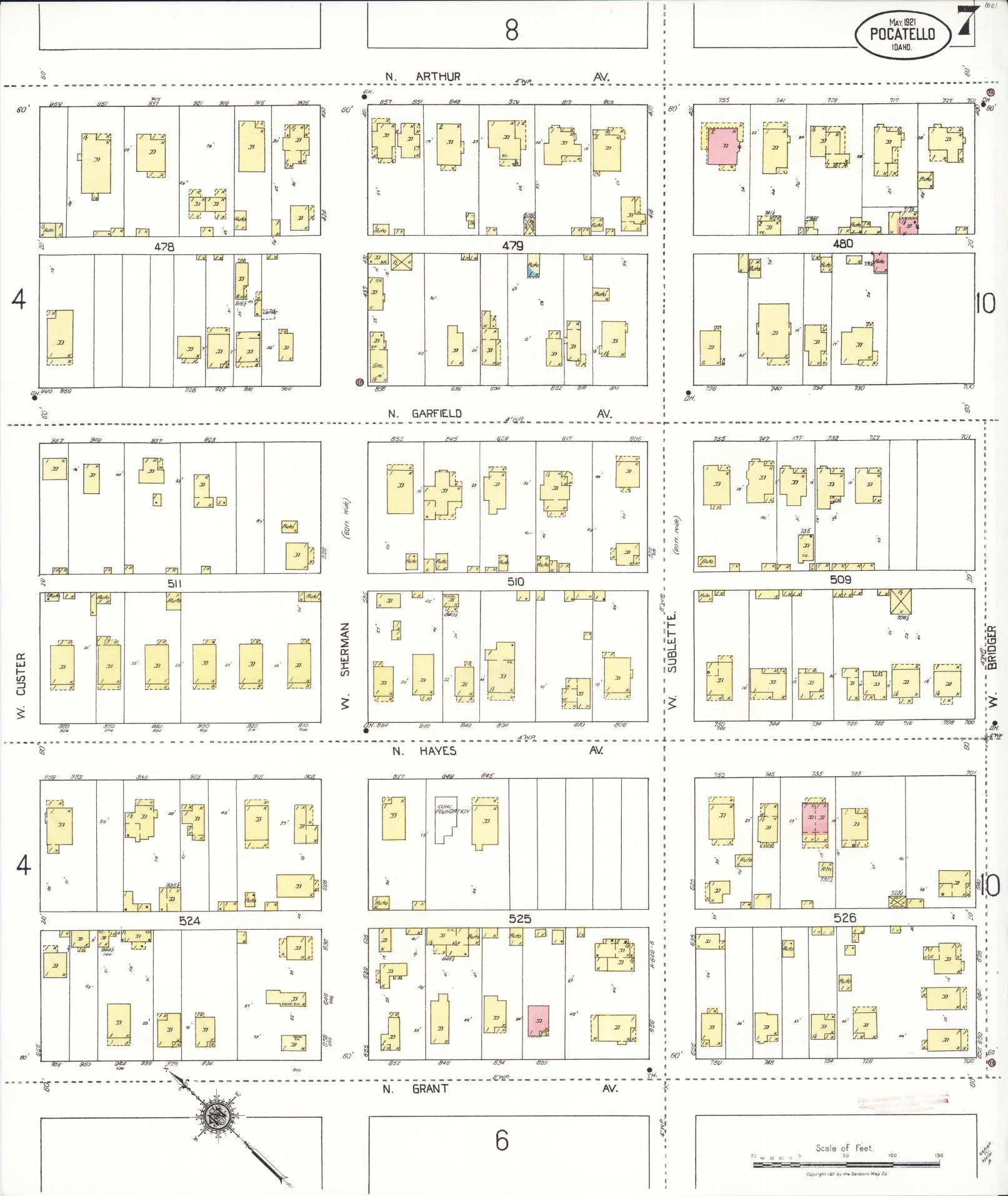 Sanborn Fire Insurance Map from Pocatello, Bannock County, Idaho (1921), Sheet #0007 - Historic Sanborn Fire Insurance Map Print, vintage old map wall art, antique decor, genealogy gift, Idaho Idaho map