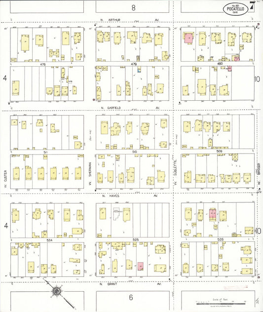 Sanborn Fire Insurance Map from Pocatello, Bannock County, Idaho (1921), Sheet #0007 - Historic Sanborn Fire Insurance Map Print, vintage old map wall art, antique decor, genealogy gift, Idaho Idaho map