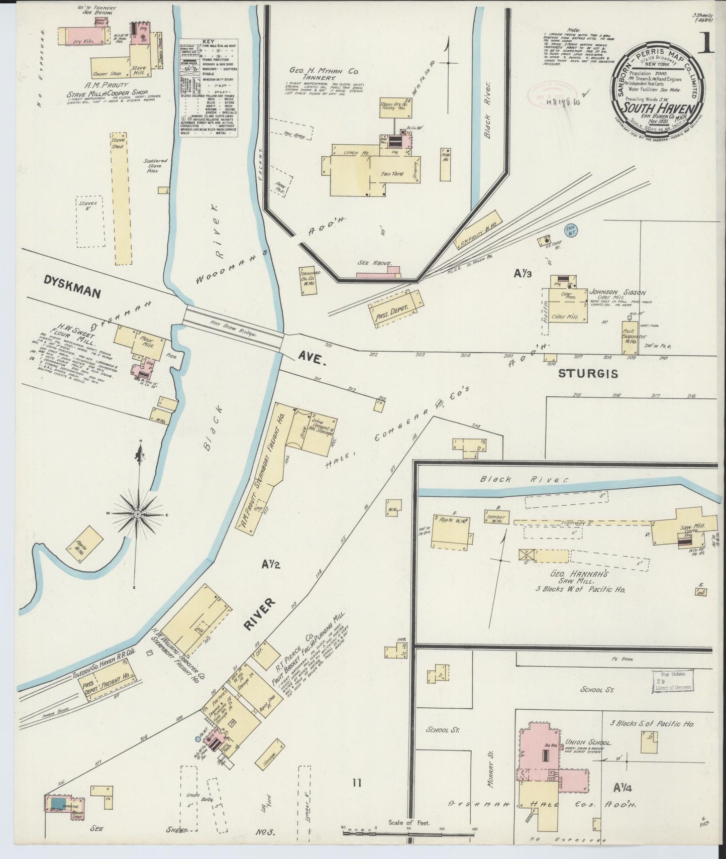 Sanborn Fire Insurance Map from South Haven, Van Buren County, Michigan (1891), Sheet #0001 - Complete Map Set gallery image, historic Sanborn map, vintage wall art, Michigan Michigan