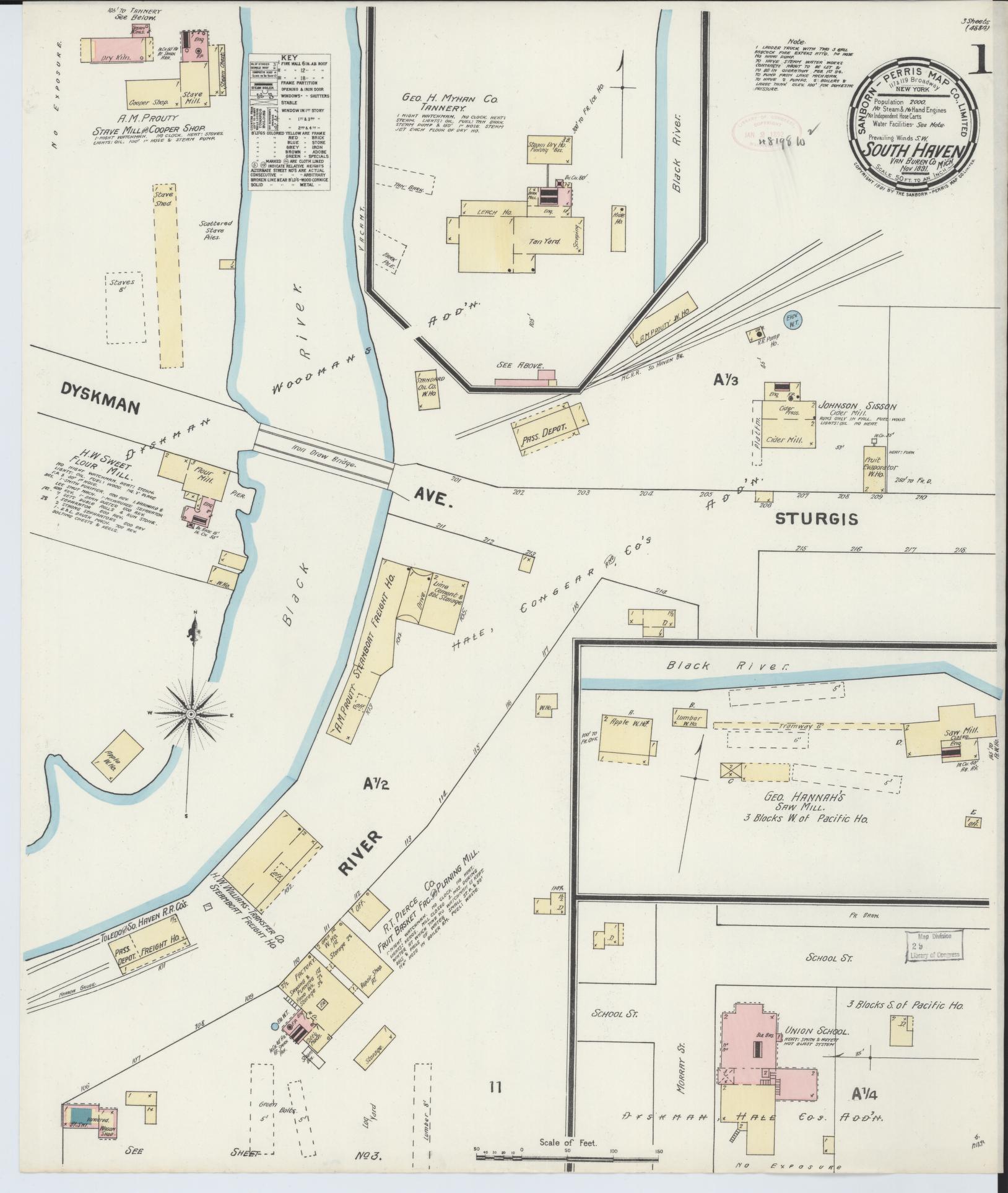 Sanborn Fire Insurance Map from South Haven, Van Buren County, Michigan (1891), Sheet #0001 - Complete Map Set gallery image, historic Sanborn map, vintage wall art, Michigan Michigan