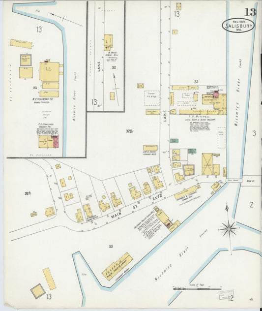 Sanborn Fire Insurance Map from Salisbury, Wicomico County, Maryland (1904), Sheet #0013 - Historic Sanborn Fire Insurance Map Print, vintage old map wall art