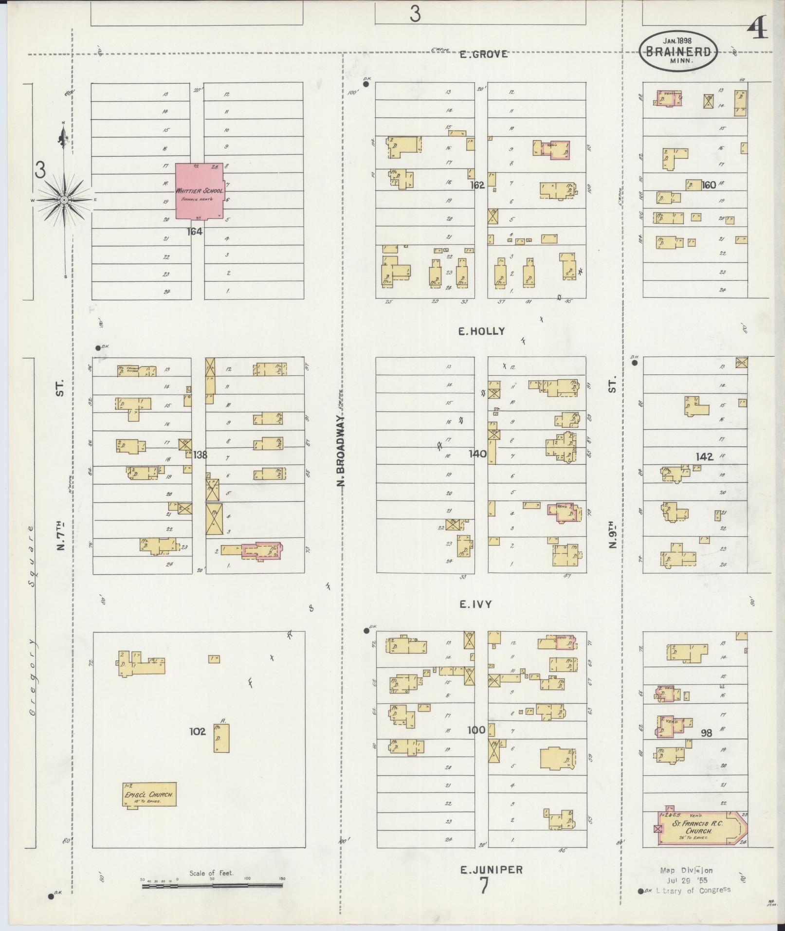 Sanborn Fire Insurance Map from Brainerd, Crow Wing County, Minnesota (1898), Sheet #0004 - Complete Map Set gallery image, historic Sanborn map, vintage wall art, Minnesota Minnesota