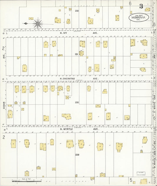 Sanborn Fire Insurance Map from Monrovia, Los Angeles County, California (1907), Sheet #0003 - Historic Sanborn Fire Insurance Map Print, vintage old map wall art, antique decor, genealogy gift, California California map