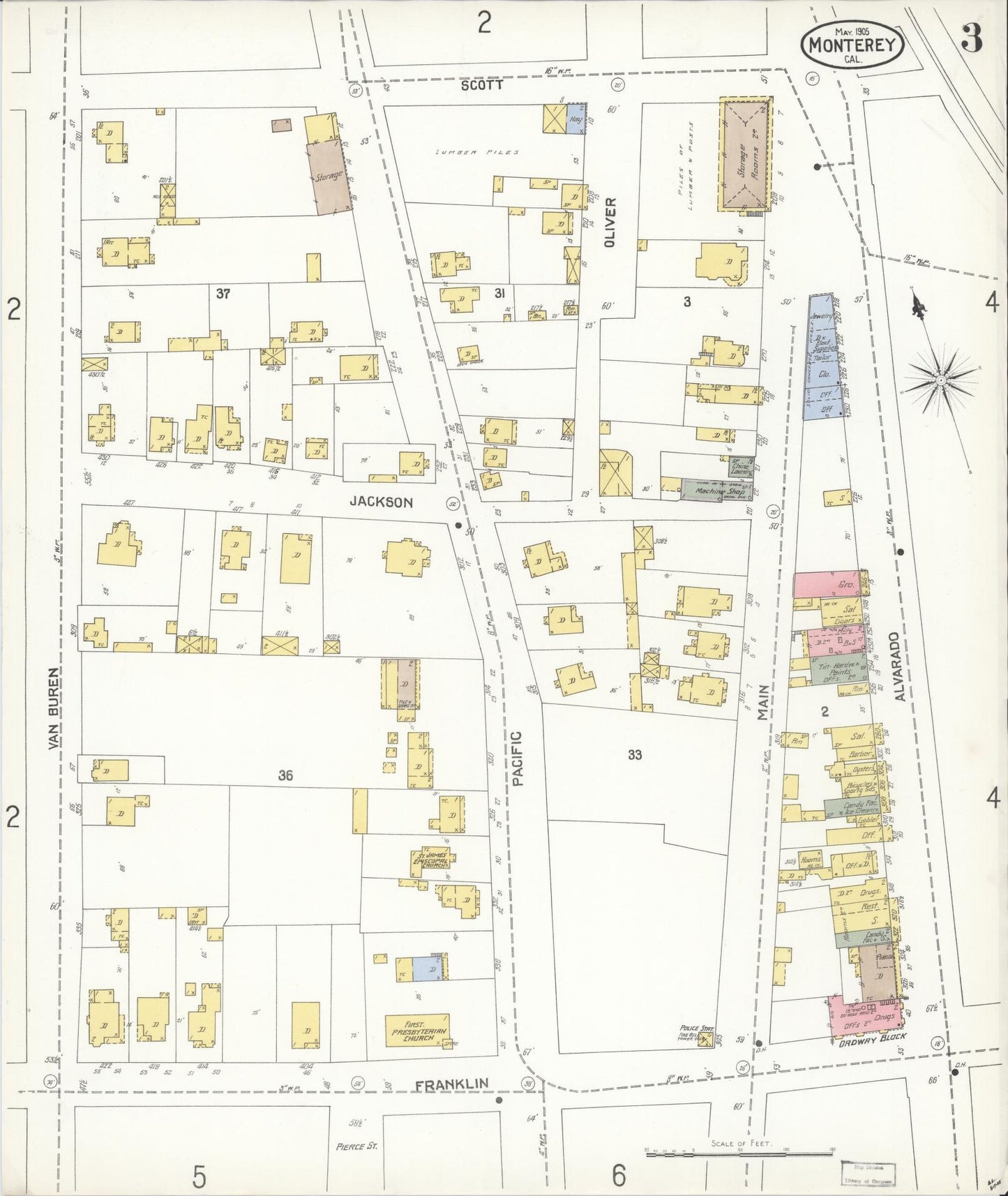 Sanborn Fire Insurance Map from Monterey, Monterey County, California (1905), Sheet #0003 - Complete Map Set gallery image, historic Sanborn map, vintage wall art, California California