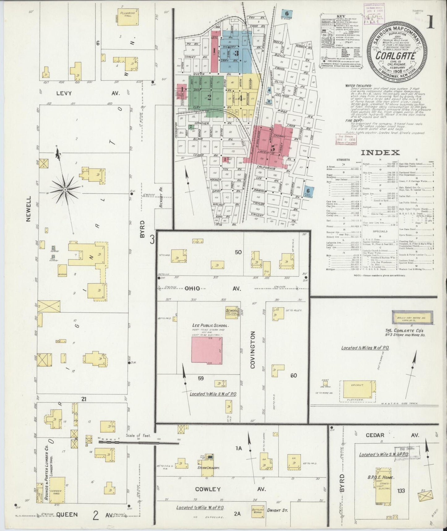 Sanborn Fire Insurance Map from Coalgate, Coal County, Oklahoma (1908), Sheet #0001 - Historic Sanborn Fire Insurance Map Print, vintage old map wall art, antique decor, genealogy gift, Oklahoma Oklahoma map
