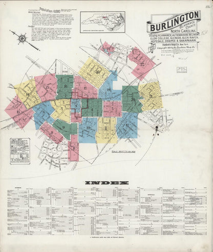 Sanborn Fire Insurance Map from Burlington, Alamance County, North Carolina (1924), Sheet #0001 - Historic Sanborn Fire Insurance Map Print, vintage old map wall art, antique decor, genealogy gift, North Carolina North Carolina map