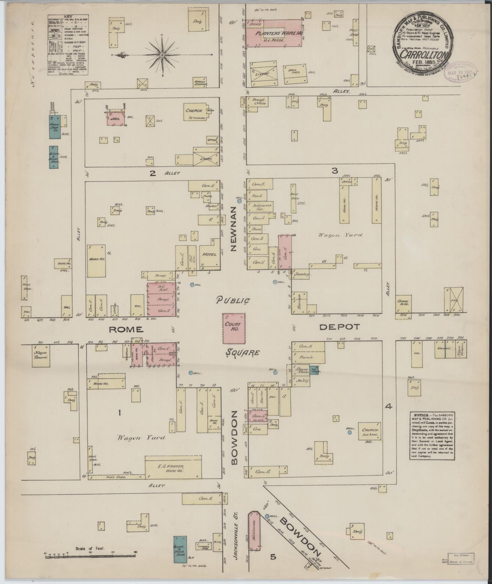 Sanborn Fire Insurance Map from Carrollton, Carroll County, Georgia (1885), Sheet #0001 - Historic Sanborn Fire Insurance Map Print, vintage old map wall art, antique decor, genealogy gift, Georgia Georgia map