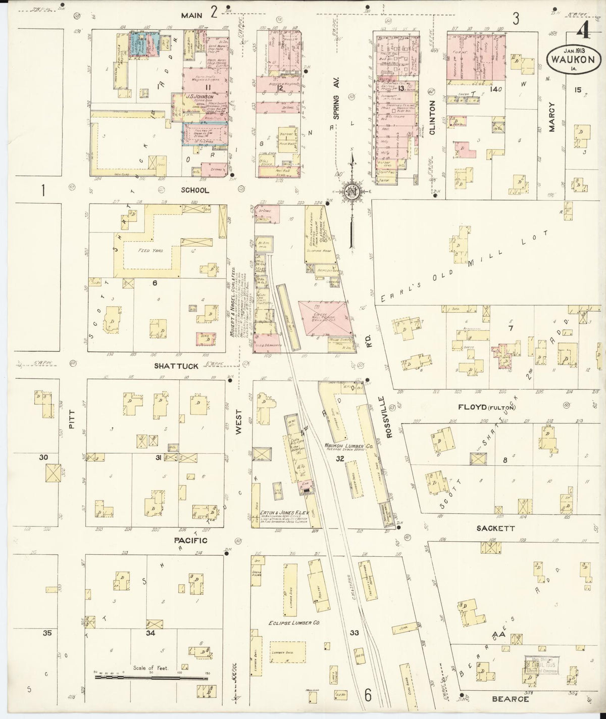 Sanborn Fire Insurance Map from Waukon, Allamakee County, Iowa (1913), Sheet #0004 - Historic Sanborn Fire Insurance Map Print, vintage old map wall art