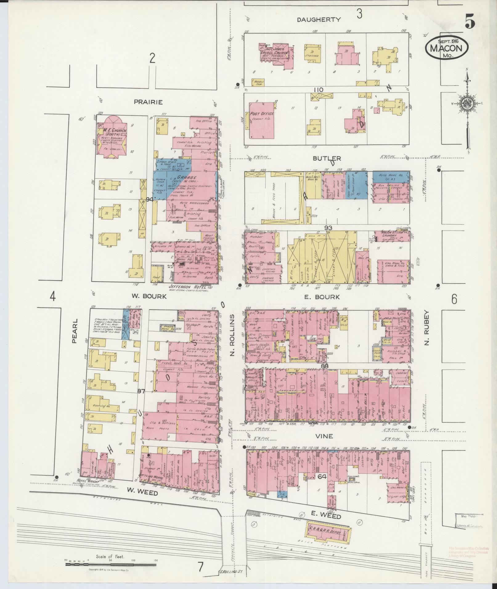 Sanborn Fire Insurance Map from Macon, Macon County, Missouri (1916), Sheet #0005 - Historic Sanborn Fire Insurance Map Print, vintage old map wall art, antique decor, genealogy gift, Missouri Missouri map