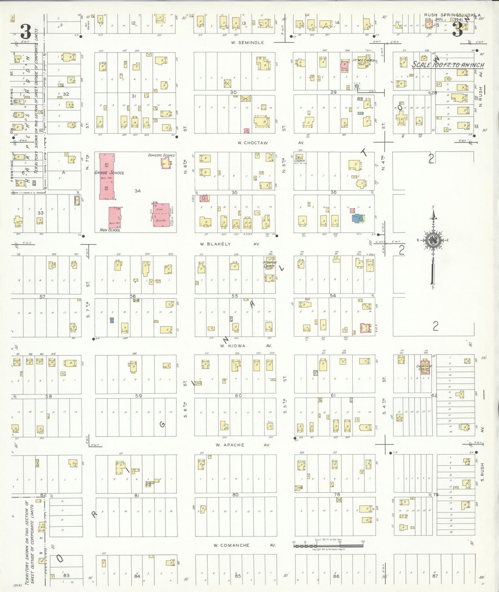 Sanborn Fire Insurance Map from Rush Springs, Grady County, Oklahoma (1941), Sheet #0003 - Historic Sanborn Fire Insurance Map Print, vintage old map wall art, antique decor, genealogy gift, Oklahoma Oklahoma map