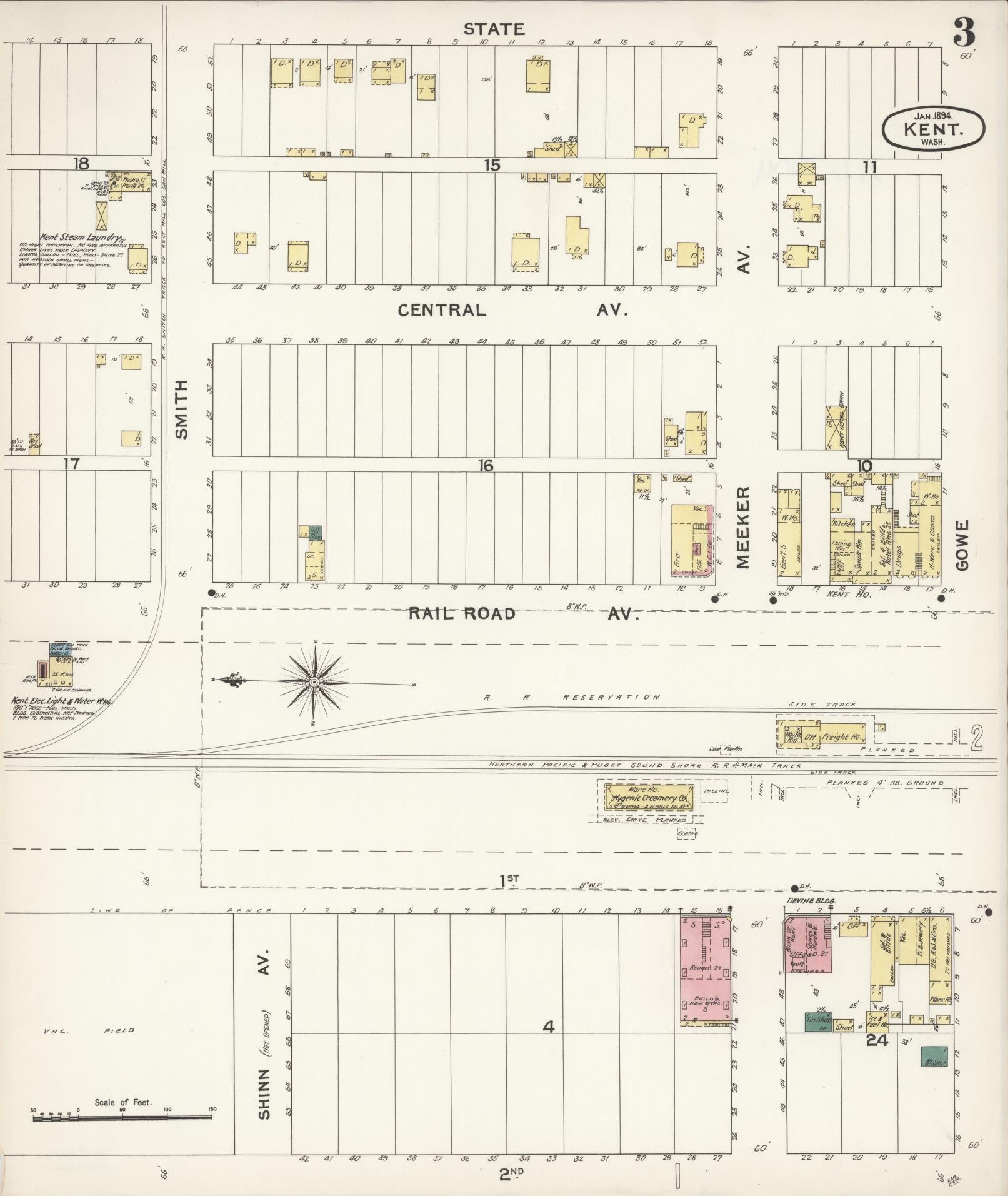 Sanborn Fire Insurance Map from Kent, King County, Washington (1894), Sheet #0003 - Complete Map Set gallery image, historic Sanborn map, vintage wall art, Washington Washington