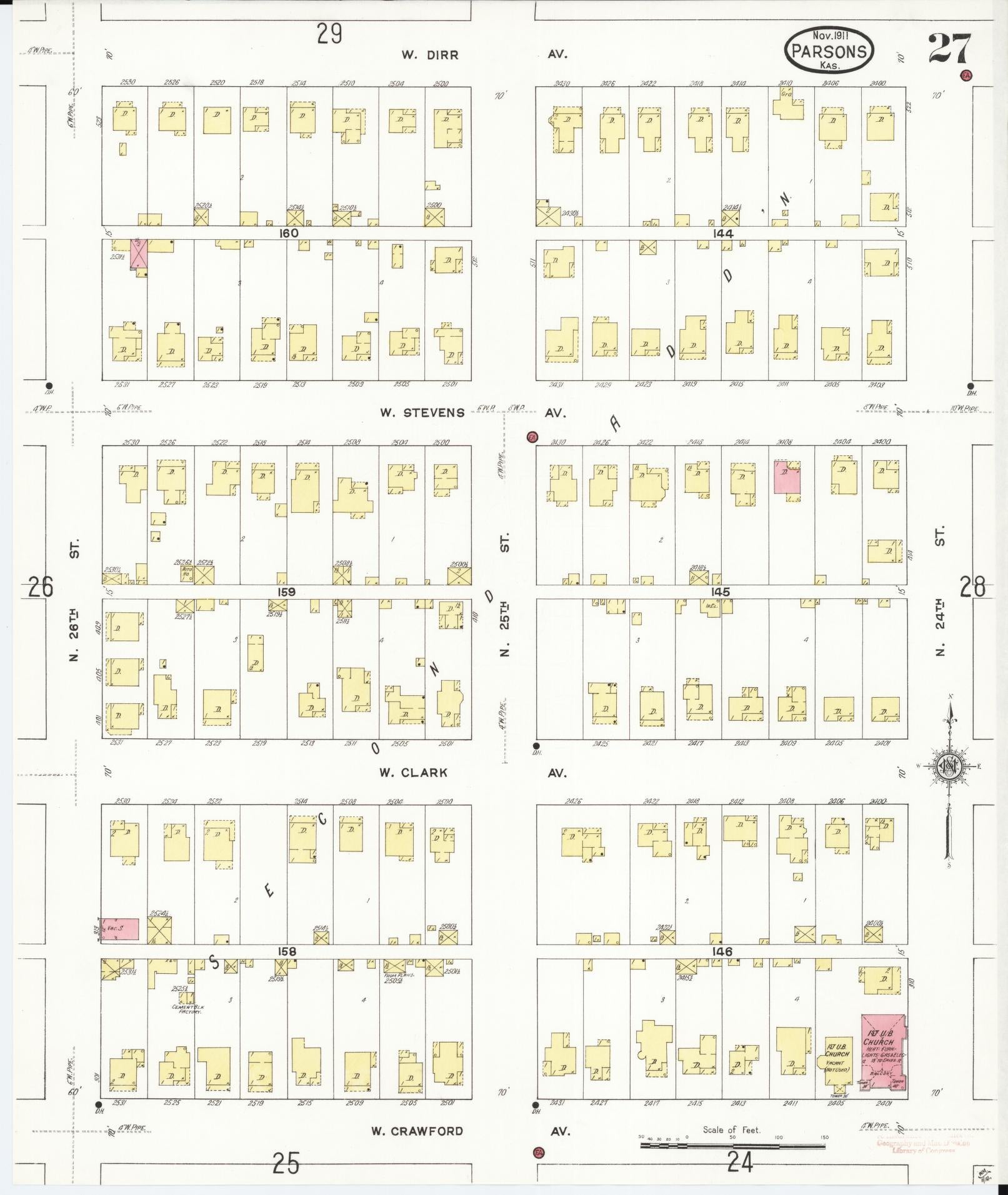 Sanborn Fire Insurance Map from Parsons, Labette County, Kansas (1911), Sheet #0027 - Historic Sanborn Fire Insurance Map Print, vintage old map wall art, antique decor, genealogy gift, Kansas Kansas map