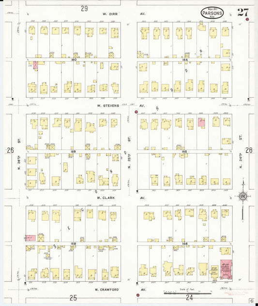Sanborn Fire Insurance Map from Parsons, Labette County, Kansas (1911), Sheet #0027 - Historic Sanborn Fire Insurance Map Print, vintage old map wall art, antique decor, genealogy gift, Kansas Kansas map